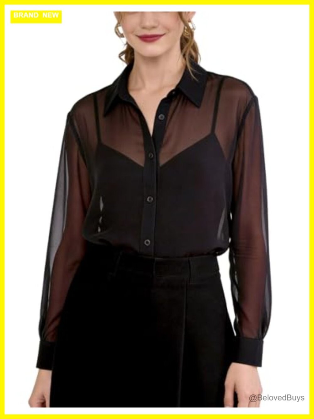 Women Sheer Chiffon Long Sleeve Button Down Blouse Loose Fit